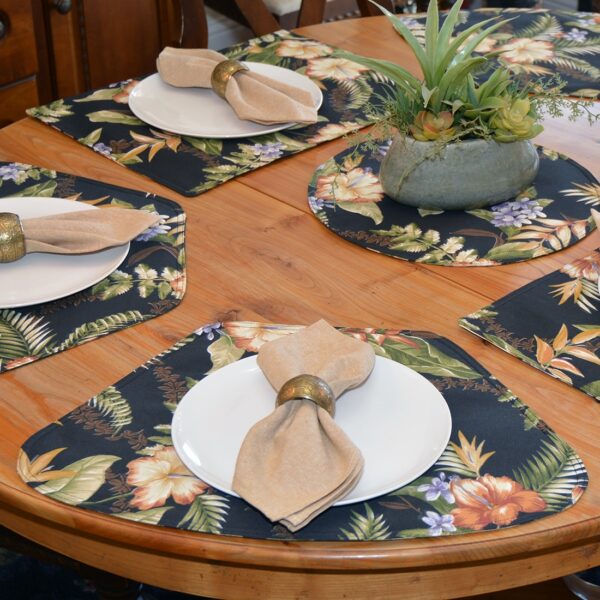 Sweet Pea Linens - Black Tropical Outdoor Fabric Wedge-Shaped Placemats - Set of Two (SKU#: RS2-1006-A11) - Alternate Table Setting