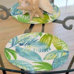 Sweet Pea Linens - Blue Seashell & Tropical Leaf Outdoor Fabric 15 inch Charger-Round Placemat (SKU#: R-1017-A13) - Table Setting