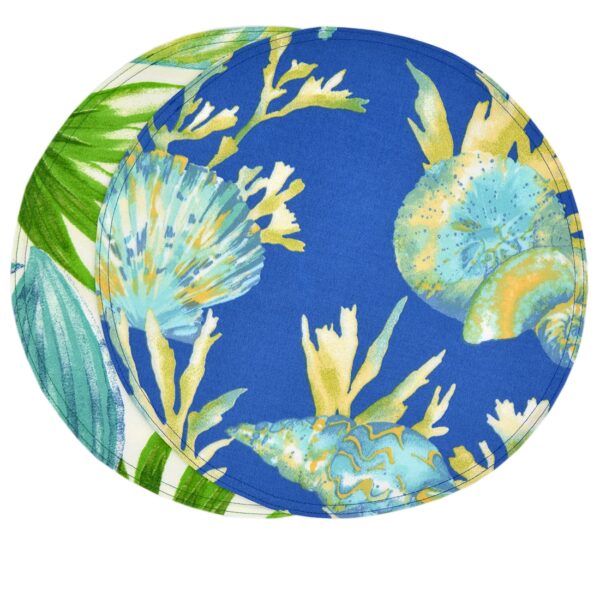 RS2-1017-A13-1 Sweet Pea Linens - Blue Seashell & Tropical Leaf Outdoor Fabric 15 inch Charger-Round Placemats - Set of Two (SKU#: RS2-1017-A13) - Main Product Image