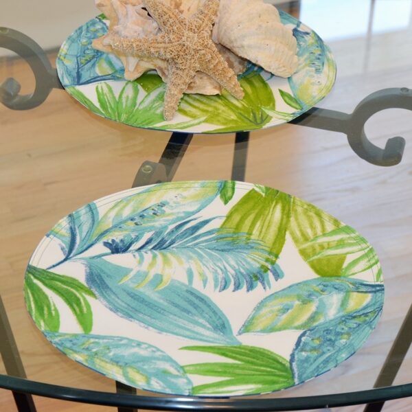 Sweet Pea Linens - Blue Seashell & Tropical Leaf Outdoor Fabric 15 inch Charger-Round Placemats - Set of Two (SKU#: RS2-1017-A13) - Table Setting