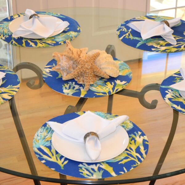 Sweet Pea Linens - Blue Seashell & Tropical Leaf Outdoor Fabric 15 inch Charger-Round Placemats - Set of Two (SKU#: RS2-1017-A13) - Alternate Table Setting