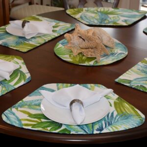 Blue Seashell & Tropical Leaf Outdoor Fabric Table Linen Collection