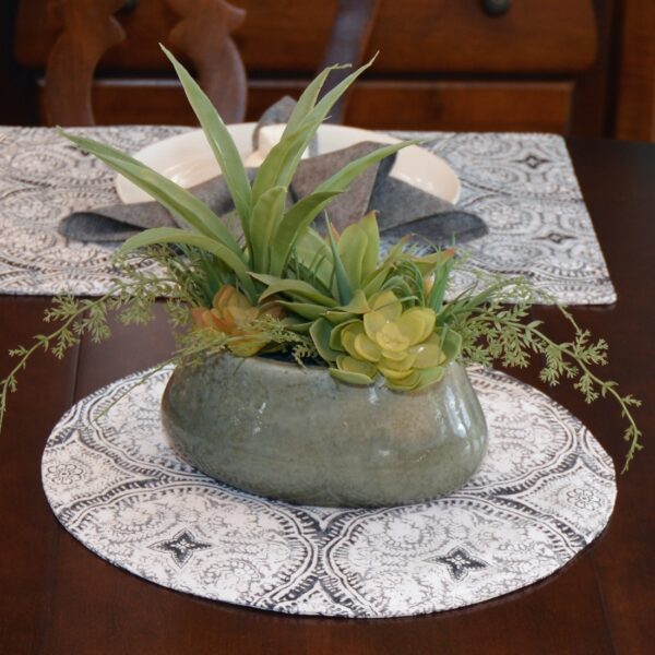 Sweet Pea Linens - Grey Medallion Outdoor Fabric Charger-Center Round Placemat (SKU#: R-1015-A14) - Alternate Table Setting