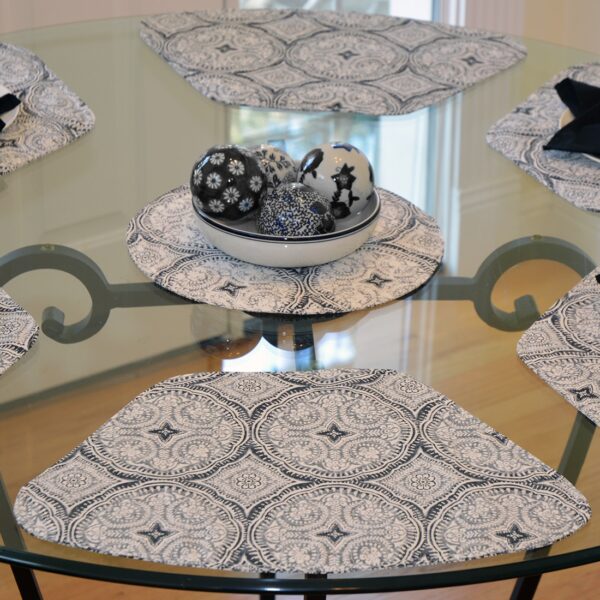Sweet Pea Linens - Grey Medallion Outdoor Fabric Wedge-Shaped Placemats - Set of Two (SKU#: RS2-1006-A14) - Table Setting