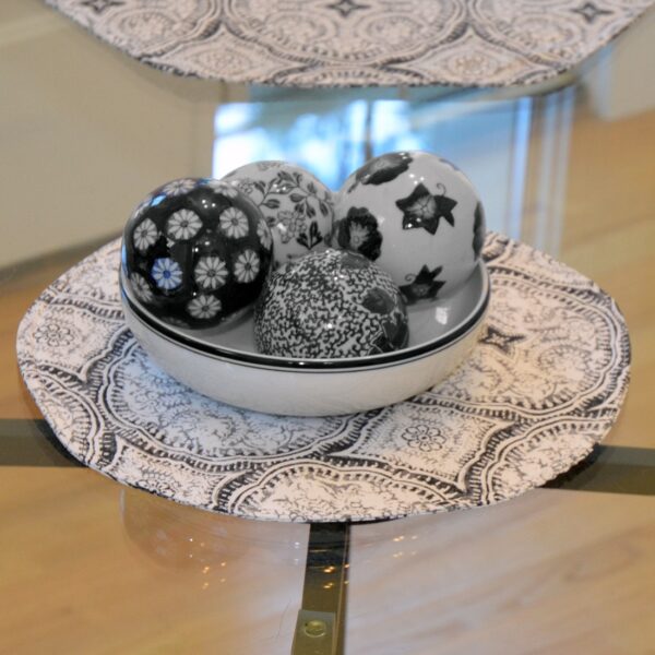 Sweet Pea Linens - Grey Medallion Outdoor Fabric Charger-Center Round Placemats - Set of Two (SKU#: RS2-1015-A14) - Table Setting