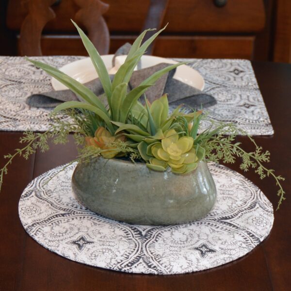 Sweet Pea Linens - Grey Medallion Outdoor Fabric Charger-Center Round Placemats - Set of Two (SKU#: RS2-1015-A14) - Alternate Table Setting