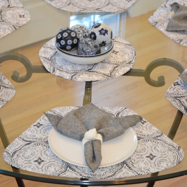 Sweet Pea Linens - Grey Medallion Outdoor Fabric Wedge-Shaped Placemats - Set of Four plus Center Round-Charger (SKU#: RS5-1006-A14) - Alternate Table Setting
