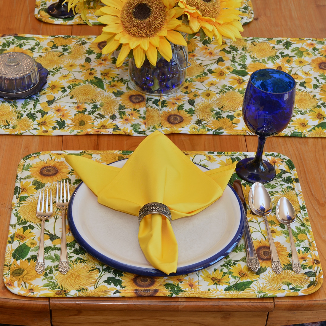 Sweet Pea Linens - Quilted Bright Fall, Harvest, Sunflower and Pumpkin Rectangle Placemats - Set of Two (SKU#: RS2-1001-A17) - Alternate Table Setting
