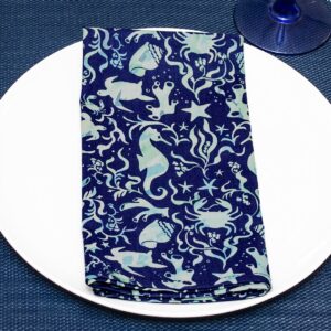 Sweet Pea Linens - Blue & Green Seahorse and Seashell Print Cloth Napkin (SKU#: R-1010-A9) - Table Setting