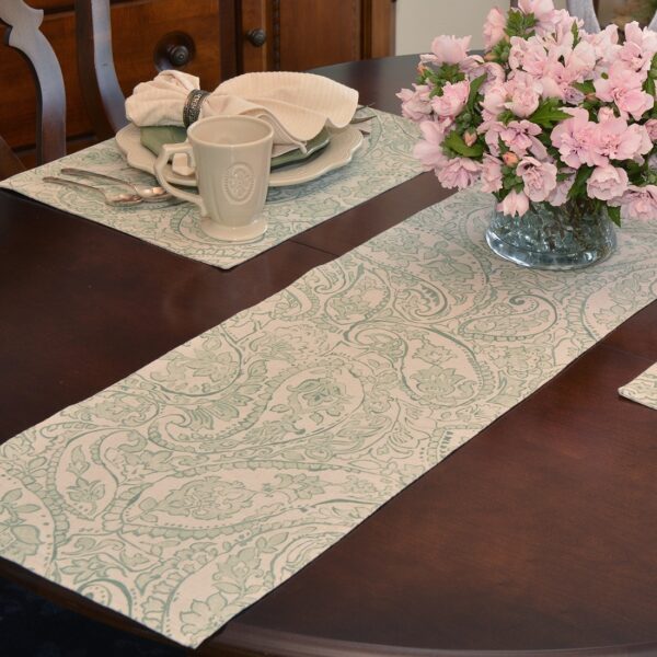 Sweet Pea Linens - Sea Mist Green Paisley 60 inch Table Runner (SKU#: R-1021-C5) - Table Setting