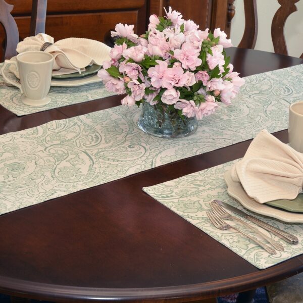 Sweet Pea Linens - Sea Mist Green Paisley 60 inch Table Runner (SKU#: R-1021-C5) - Alternate Table Setting