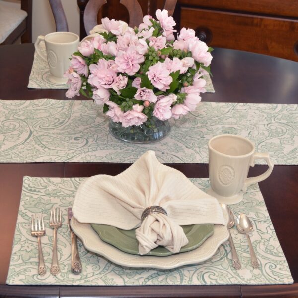 Sweet Pea Linens - Sea Mist Green Paisley Rectangle Placemats - Set of Two (SKU#: RS2-1002-C5) - Alternate Table Setting