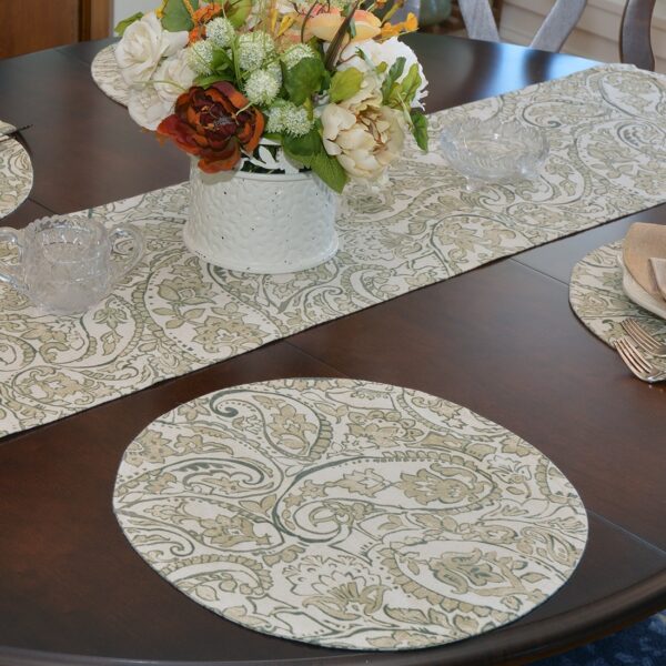 Sweet Pea Linens - Flaxen Yellow Paisley 60 inch Table Runner (SKU#: R-1021-C7) - Alternate Table Setting