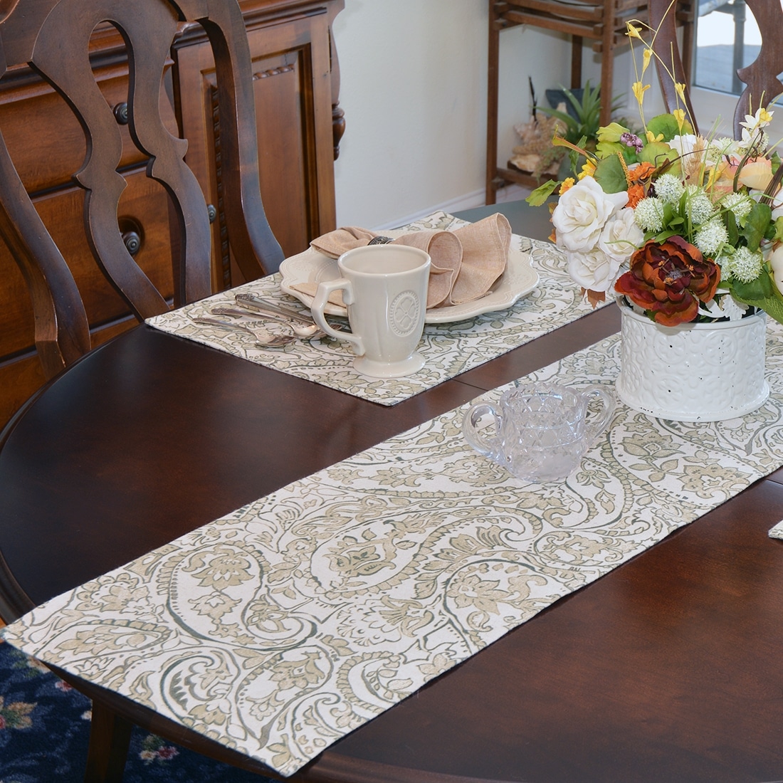 Sweet Pea Linens - Flaxen Yellow Paisley 60 inch Table Runner (SKU#: R-1021-C7) - Alternate Table Setting