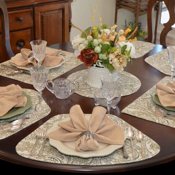 Sweet Pea Linens - Flaxen Yellow Paisley Wedge-Shaped Placemats - Set of Two (SKU#: RS2-1006-C7) - Alternate Table Setting