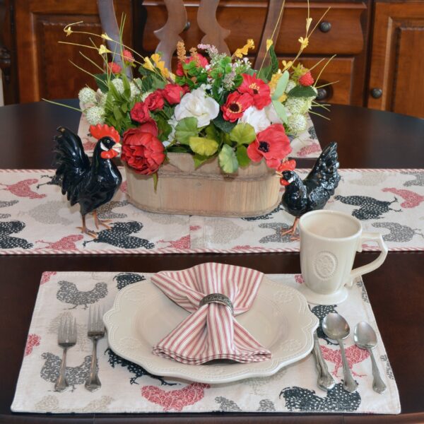 Sweet Pea Linens - Rifton Red Rooster Rectangle Placemats - Set of Two (SKU#: RS2-1002-C8) - Alternate Table Setting