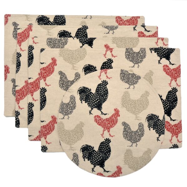 RS5-1002-C8-1 Sweet Pea Linens - Rifton Red Rooster Rectangle Placemats - Set of Four plus Center Round-Charger (SKU#: RS5-1002-C8) - Main Product Image