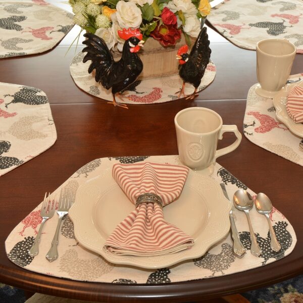 Sweet Pea Linens - Rifton Red Rooster Wedge-Shaped Placemats - Set of Four plus Center Round-Charger (SKU#: RS5-1006-C8) - Alternate Table Setting