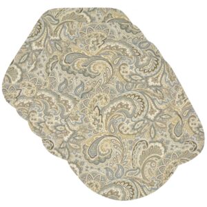 Polar Blue, Grey and Tan, Paisley Wedge-Shaped Placemats - Set of Four plus Center Round-Charger (Final Sale)