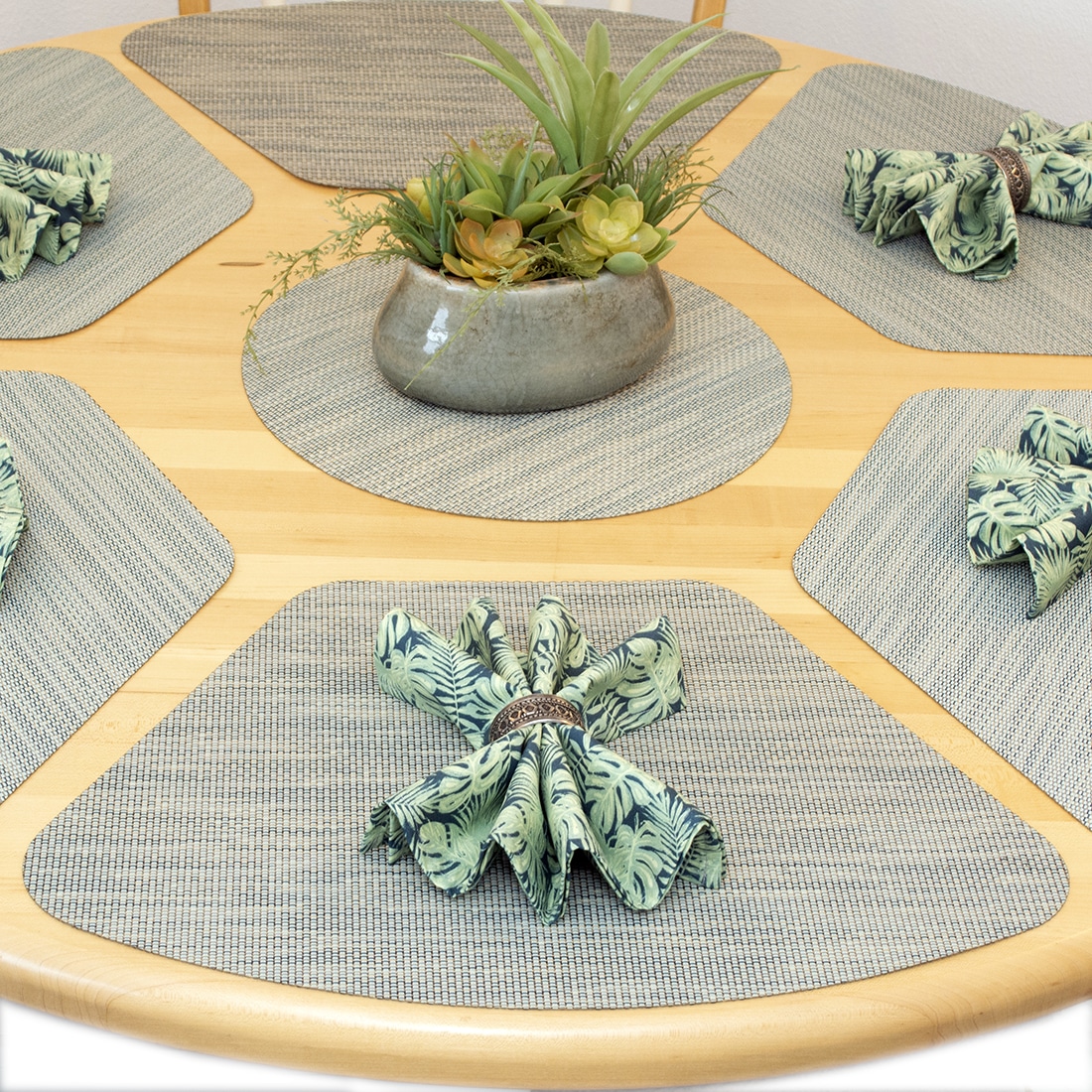 Sweet Pea Linens - Seafoam Green/Tan Wipe Clean Wedge-Shaped Placemats - Set of Four plus Center Round-Charger (SKU#: RS5-1006-F19) - Alternate Table Setting