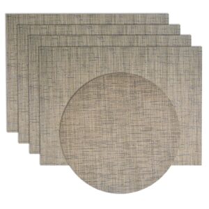 Sweet Pea Linens - Putty Gray & Blue Wipe Clean Rectangle Placemats - Set of Four plus Center Round-Charger (SKU#: RS5-1002-F33) - Main Product Image