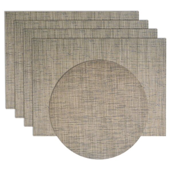 RS5-1002-F33-1 Sweet Pea Linens - Putty Gray & Blue Wipe Clean Rectangle Placemats - Set of Four plus Center Round-Charger (SKU#: RS5-1002-F33) - Main Product Image