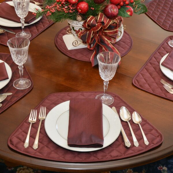 Sweet Pea Linens - Burgundy Silky Dupioni   Rolled Hem Cloth Napkin (SKU#: R-1010-K5) - Alternate Table Setting