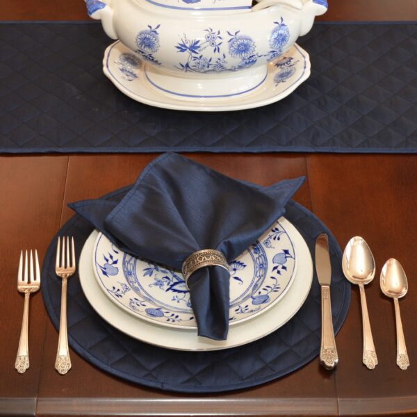Sweet Pea Linens - Quilted Navy Blue Silky Dupioni Charger-Center Round Placemat (SKU#: R-1015-K6) - Alternate Table Setting