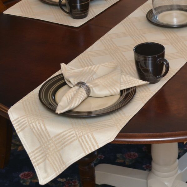 Sweet Pea Linens - Tan Lattice Jacquard 72 inch Table Runner (SKU#: R-1024-L21) - Table Setting