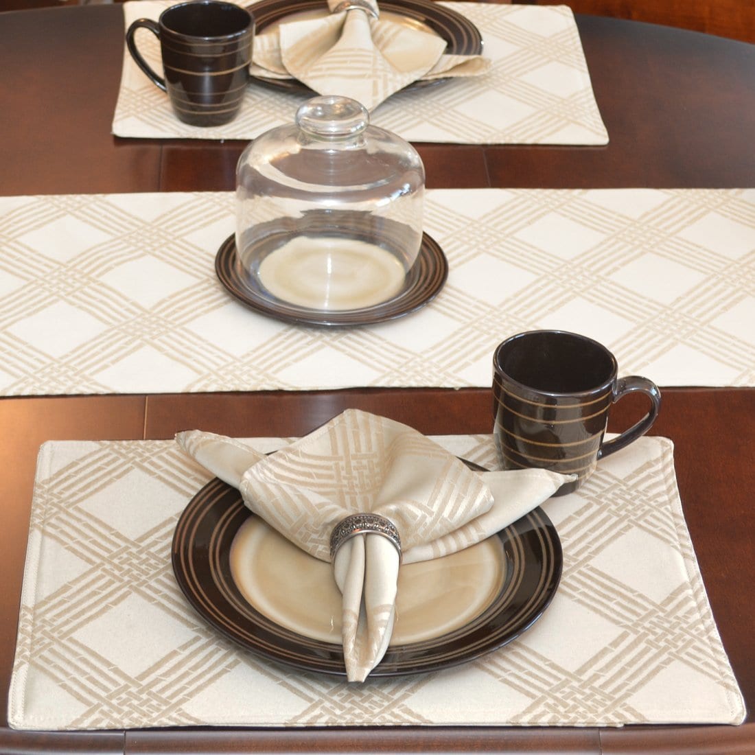 Sweet Pea Linens - Tan Lattice Jacquard Rectangle Placemats - Set of Two (SKU#: RS2-1002-L21) - Table Setting