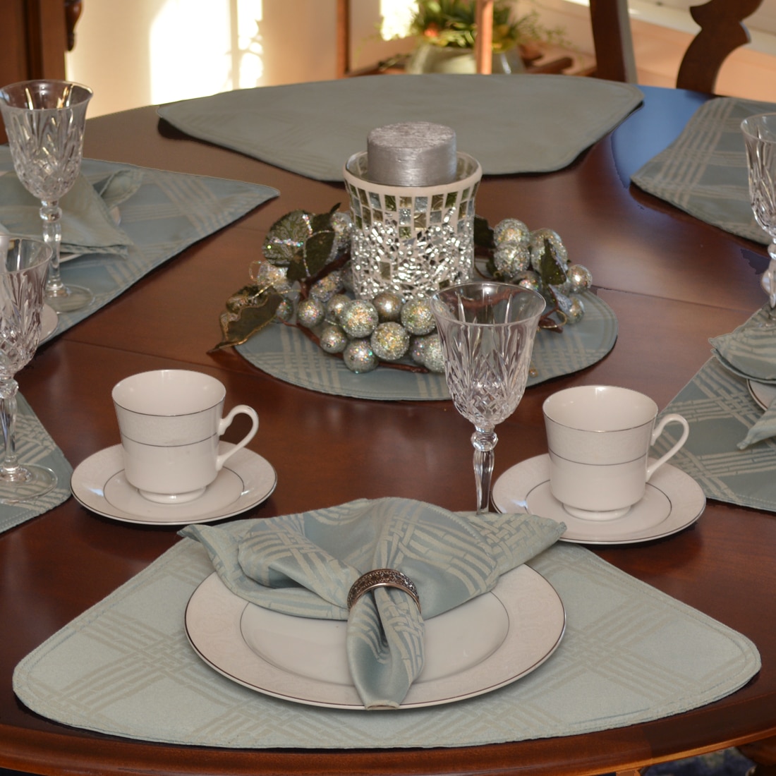 Sweet Pea Linens - Light Blue/Green Lattice Jacquard Wedge-Shaped Placemats - Set of Two (SKU#: RS2-1006-L23) - Table Setting