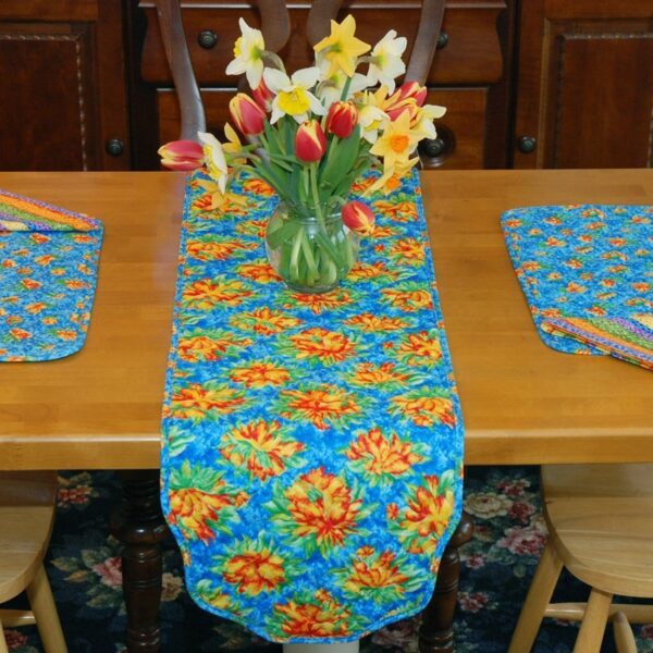 Sweet Pea Linens - Yellow-Blue Tropical Print Floral Print 54 inch Table Runner (SKU#: R-1020-M6) - Table Setting