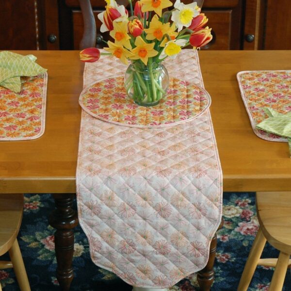 Sweet Pea Linens - Pink & Orange Floral Print 54 inch Table Runner (SKU#: R-1020-M7) - Table Setting