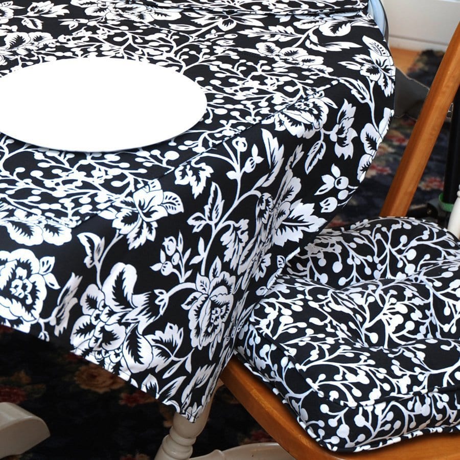 Sweet Pea Linens - Black Vine Print Gripper Bottom Chair Cushion Pads - Set of Two (SKU#: RS2-1016-P70) - Table Setting
