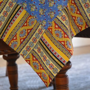 (Sample Sale)Blue/Yellow Foulard 54 inch square table topper (Final Sale)