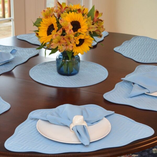 Sweet Pea Linens - Cornflower Blue Quilted Scalloped Wedge-Shaped Placemats - Set of Two (SKU#: RS2-1005-T2) - Table Setting