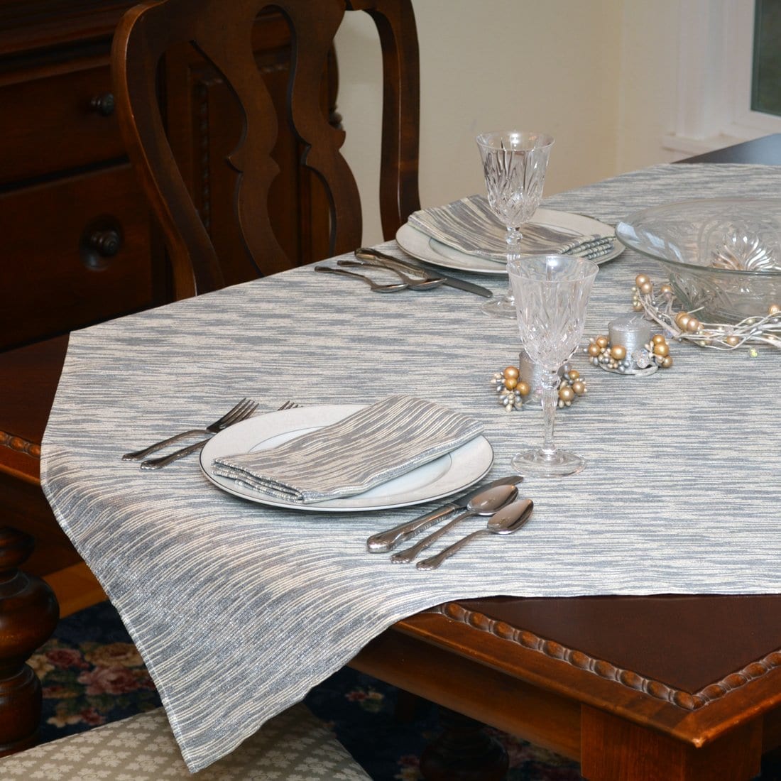 Sweet Pea Linens - Silver & Cream Metallic Striped 54 inch Square Table Cloth (SKU#: R-1008-U10) - Table Setting
