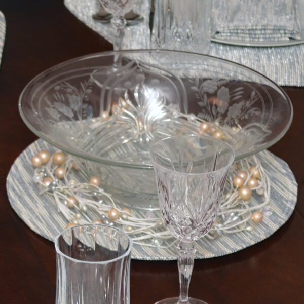 Sweet Pea Linens - Silver & Cream Metallic Striped Charger-Center Round Placemats - Set of Two (SKU#: RS2-1015-U10) - Table Setting