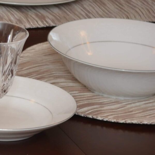 Sweet Pea Linens - Brown & Cream with Silver Metallic Striped Charger-Center Round Placemats - Set of Two (SKU#: RS2-1015-U9) - Table Setting