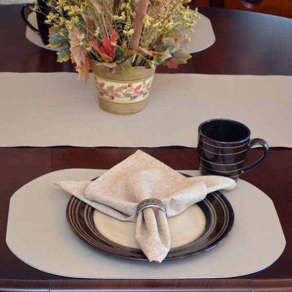 Sweet Pea Linens - Tan Dot Vinyl Wipe Clean Oval Placemats - Set of Four (SKU#: RS4-1040-V3) - Table Setting
