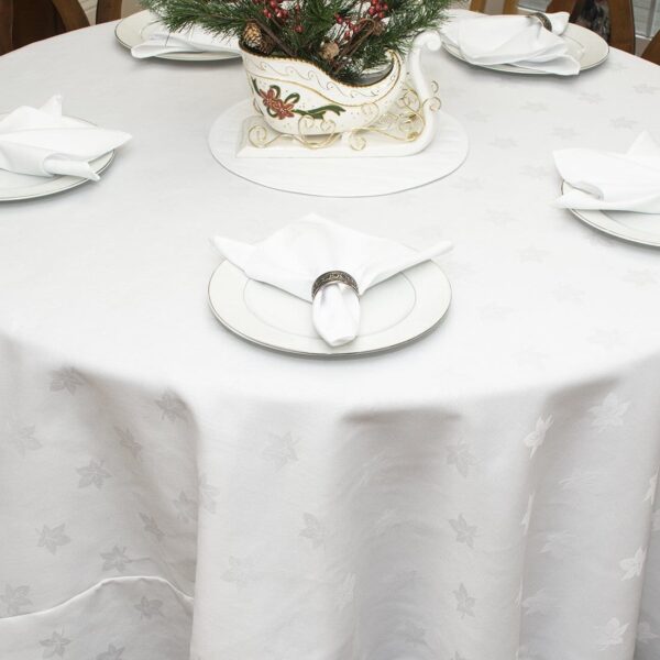 Sweet Pea Linens - Solid White Jacquard 90 inch Round Table Cloth (SKU#: R-1065-Y1) - Alternate Table Setting