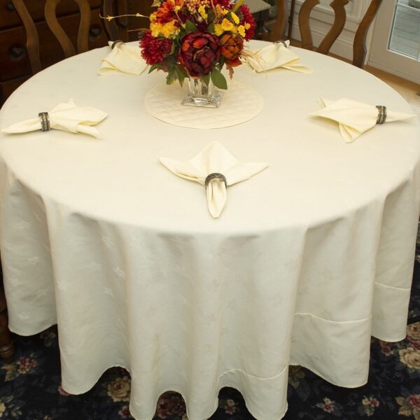 Sweet Pea Linens - Solid Ivory Jacquard 90 inch Round Table Cloth (SKU#: R-1065-Y2) - Table Setting