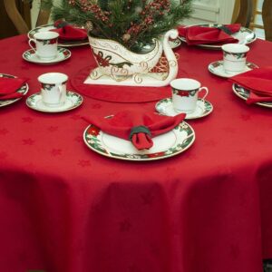 Sweet Pea Linens - Solid Red Jacquard 70 inch Round Table Cloth (SKU#: R-1064-Y4) - Table Setting