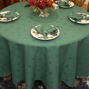 Sweet Pea Linens - Solid Green Jacquard 70 inch Round Table Cloth (SKU#: R-1064-Y5) - Table Setting