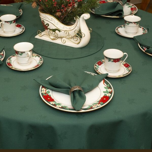 Sweet Pea Linens - Solid Green Jacquard 90 inch Round Table Cloth (SKU#: R-1065-Y5) - Alternate Table Setting