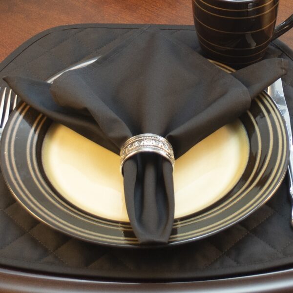 Sweet Pea Linens - Solid Black Rolled Hem Cloth Napkin (SKU#: R-1010-Y6) - Table Setting