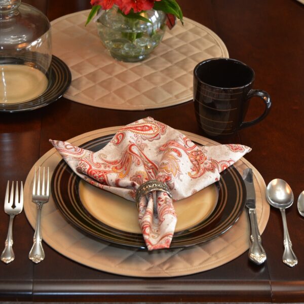 Sweet Pea Linens - Solid Khaki Tan Quilted Charger-Center Round Placemat (SKU#: R-1015-Y7) - Table Setting