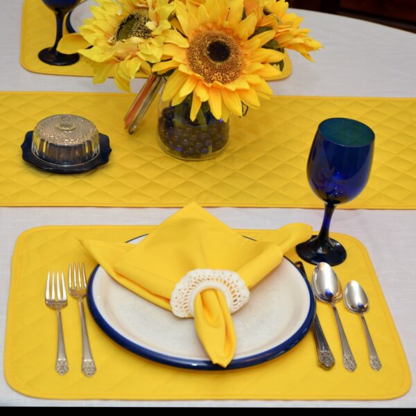 Sweet Pea Linens - Solid Bright Yellow Quilted Rectangle Placemats - Set of Four plus Center Round-Charger (SKU#: RS5-1001-Y8) - Table Setting