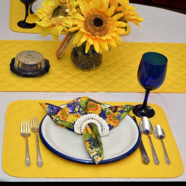 Sweet Pea Linens - Solid Bright Yellow Quilted Rectangle Placemats - Set of Four plus Center Round-Charger (SKU#: RS5-1001-Y8) - Alternate Table Setting